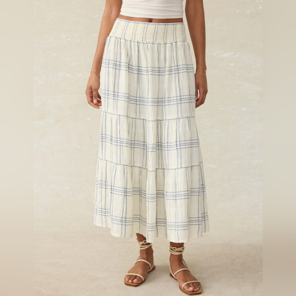 Faherty Cream Maxi Skirt with Blue Windowpane Check